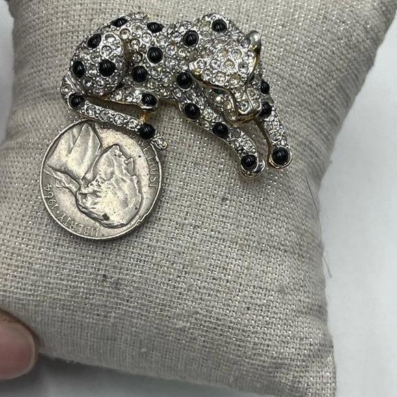 Panther Silver Gold Tone Rhinestones Black Cabochons Green Eye Brooch - Picture 10 of 16